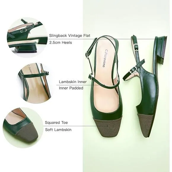 C.Paravano Green Two-Tone Square Toe Slingback Heels with Buckle Strap Size 7.5