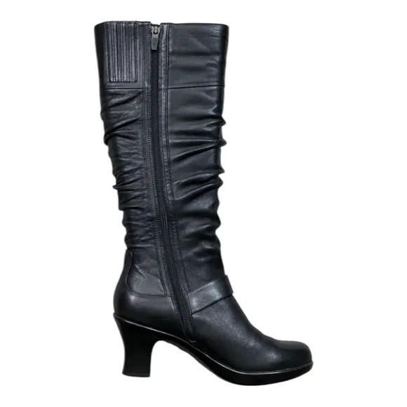 DANSKO BRINKLEY BLACK NAPPA LEATHER RUCHED PLATFORM HEELED KNEE HIGH BOOTS