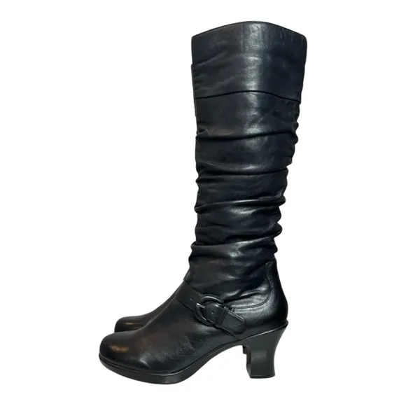 DANSKO BRINKLEY BLACK NAPPA LEATHER RUCHED PLATFORM HEELED KNEE HIGH BOOTS