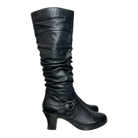 DANSKO BRINKLEY BLACK NAPPA LEATHER RUCHED PLATFORM HEELED KNEE HIGH BOOTS