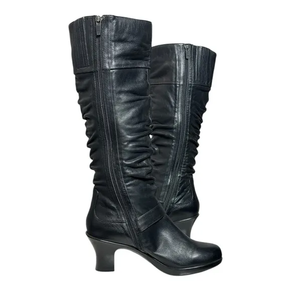 DANSKO BRINKLEY BLACK NAPPA LEATHER RUCHED PLATFORM HEELED KNEE HIGH BOOTS