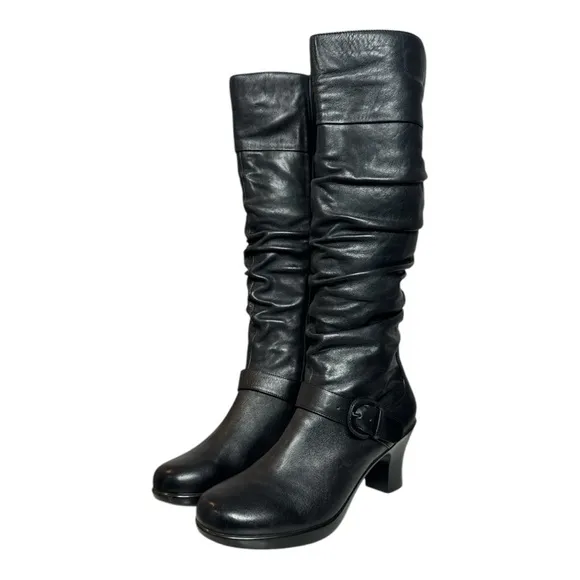 DANSKO BRINKLEY BLACK NAPPA LEATHER RUCHED PLATFORM HEELED KNEE HIGH BOOTS
