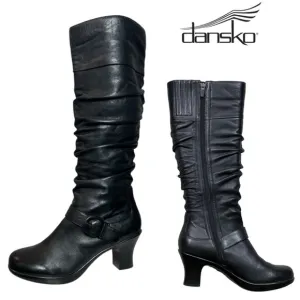 DANSKO BRINKLEY BLACK NAPPA LEATHER RUCHED PLATFORM HEELED KNEE HIGH BOOTS