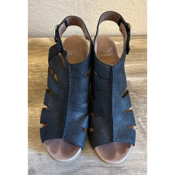Dansko Women's Demetra Peep Toe Sandals Black Milled Nubuck Leather
