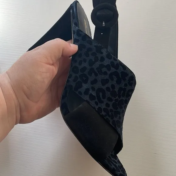 Diane Von Furstenberg Baile Two-Tone Black Blue Leopard Block Heel Sandals