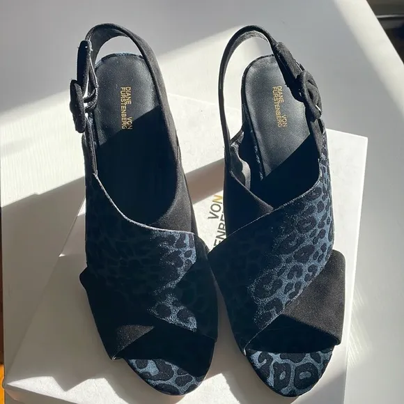 Diane Von Furstenberg Baile Two-Tone Black Blue Leopard Block Heel Sandals