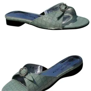 Donald Pliner Gator Leather Rhinestone Buckle Sandals Shoe Ocean Blue NWT $250