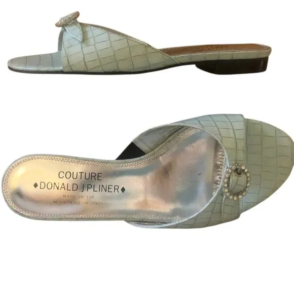 Donald Pliner Gator Leather Rhinestone Buckle Sandals Shoe Ocean Blue NWT $250