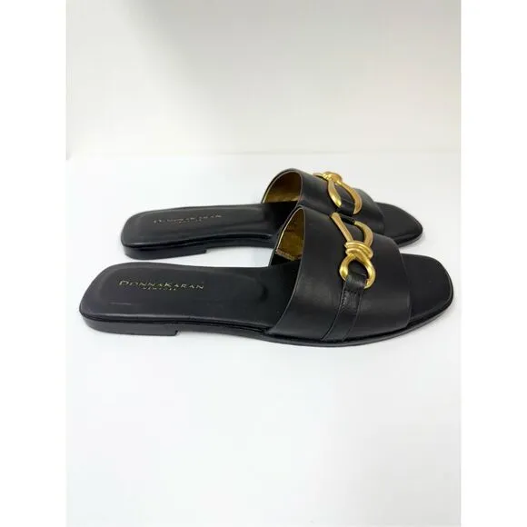 Donna Karan Black Leather Haylen Hardware Slide Sandals Size 10M