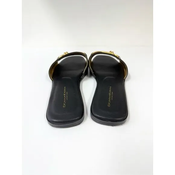Donna Karan Black Leather Haylen Hardware Slide Sandals Size 10M