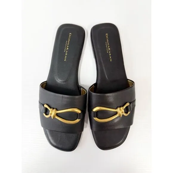 Donna Karan Black Leather Haylen Hardware Slide Sandals Size 10M