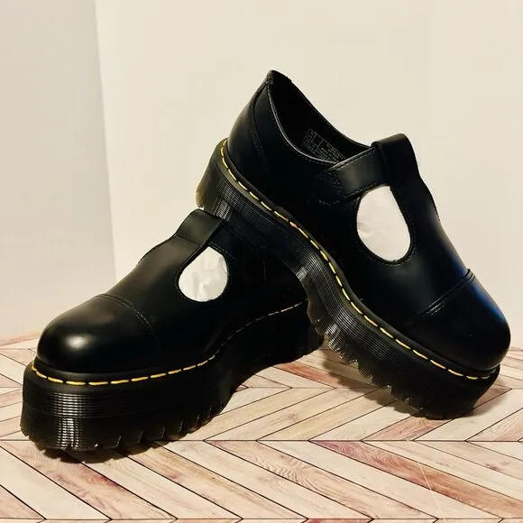 Dr. Martens Bethan Women 8 Black Platform Mary Jane Shoes T Strap Smooth Leather