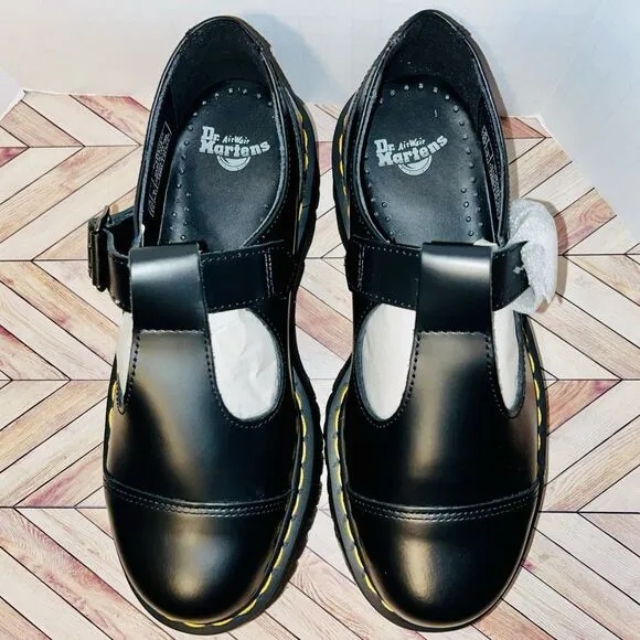Dr. Martens Bethan Women 8 Black Platform Mary Jane Shoes T Strap Smooth Leather