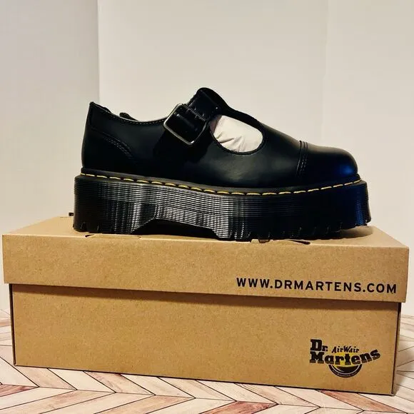 Dr. Martens Bethan Women 8 Black Platform Mary Jane Shoes T Strap Smooth Leather