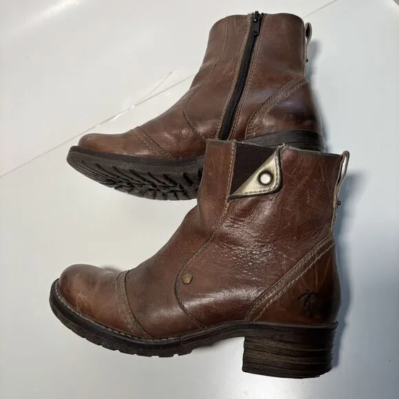 Dromedaris Kassia Leather Ankle Boots Saddle Cognac Brown Gold Boho 38 US 7.5