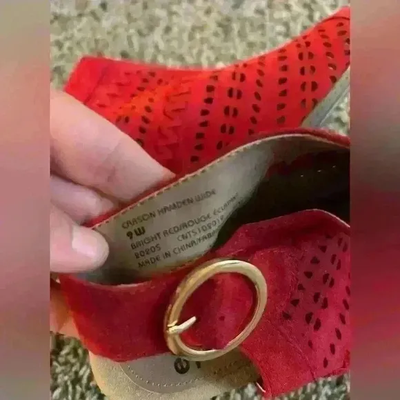 Earth Carson Hamden Suede Peep Toe Mid-Heel Sandals, Red, Size 9w sling back