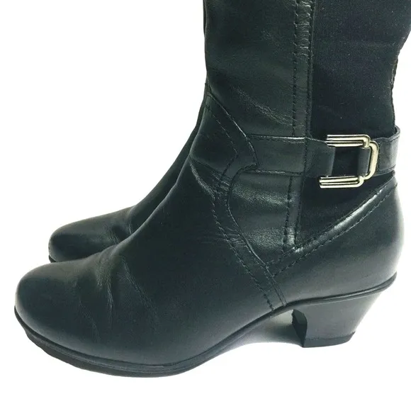 Earth Rider Tall Stretch Black Leather Zip Up Moto Boots, Womens‎ 7B