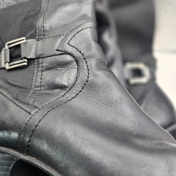 Earth Rider Tall Stretch Black Leather Zip Up Moto Boots, Womens‎ 7B
