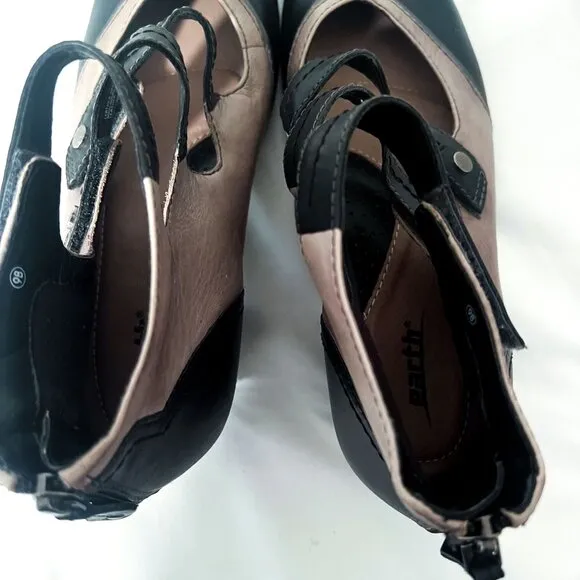 Earth Serano Black Gray Strappy Ankle Booties 2&quot; Heel Leather Size 9 Sandal