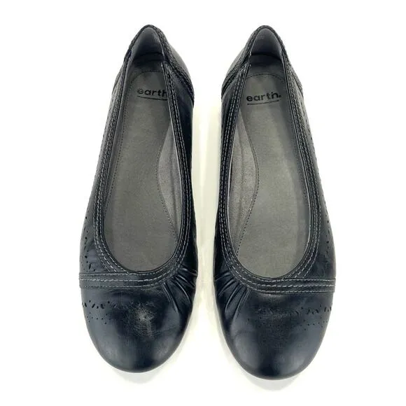 EARTH VISTA NOVA BLACK PERFORATED LEATHER BREATHABLE BALLET FLAT SHOES