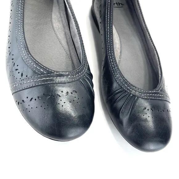 EARTH VISTA NOVA BLACK PERFORATED LEATHER BREATHABLE BALLET FLAT SHOES