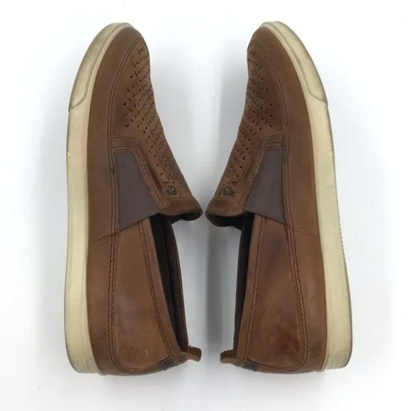 Ecco Brown Leather Collin Perforated Slip On Sneaker Shoes Size 41
