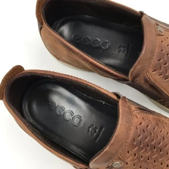 Ecco Brown Leather Collin Perforated Slip On Sneaker Shoes Size 41