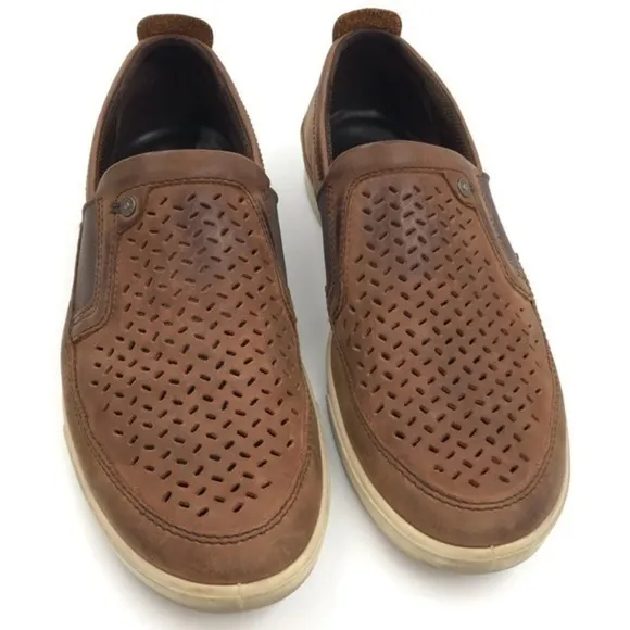 Ecco Brown Leather Collin Perforated Slip On Sneaker Shoes Size 41