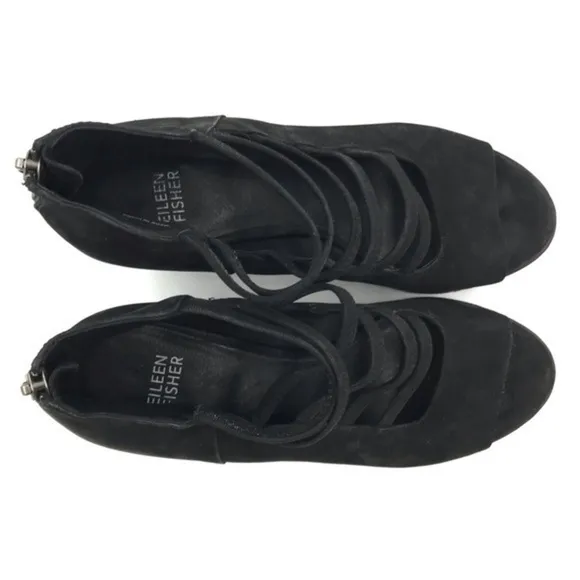 Eileen Fisher Black Nubuck Leather James Heeled Sandals Size 8.5