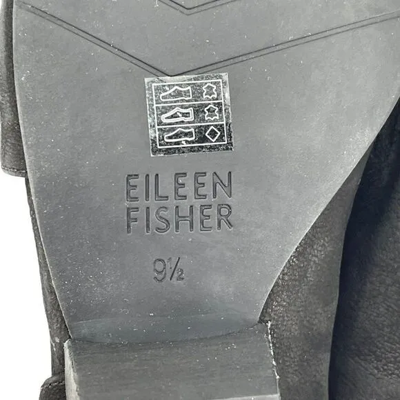Eileen Fisher Fig Peep Toe Nubuck Leather 2.5&quot; Heel Sandals Black Women 9.5