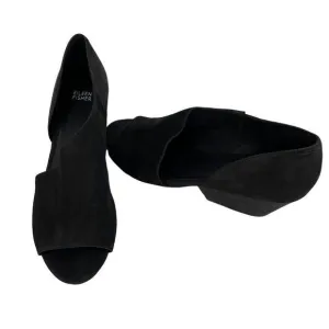 Eileen Fisher Fig Peep Toe Nubuck Leather 2.5&quot; Heel Sandals Black Women 9.5