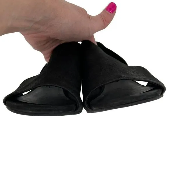 Eileen Fisher Fig Peep Toe Nubuck Leather 2.5&quot; Heel Sandals Black Women 9.5