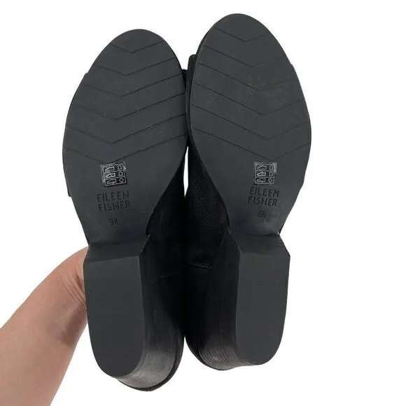 Eileen Fisher Fig Peep Toe Nubuck Leather 2.5&quot; Heel Sandals Black Women 9.5
