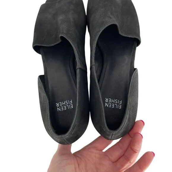 Eileen Fisher Fig Peep Toe Nubuck Leather 2.5&quot; Heel Sandals Black Women 9.5
