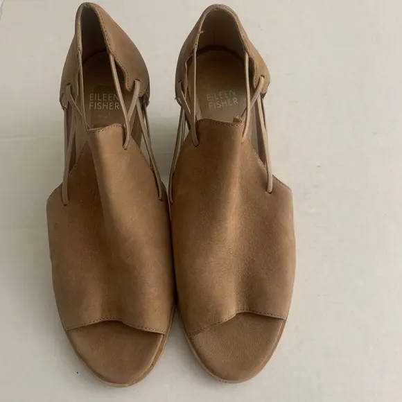 Eileen Fisher Nikki Heeled Leather Peep Toe Sandals