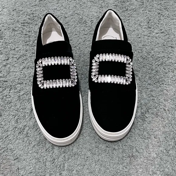 Elegant Black Slip-On Women's Shoes with Crystal Embellishments