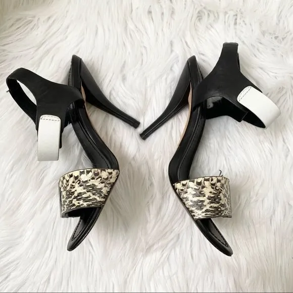 Elie Tahari Black White Snakeskin Heel Sandals 6.5