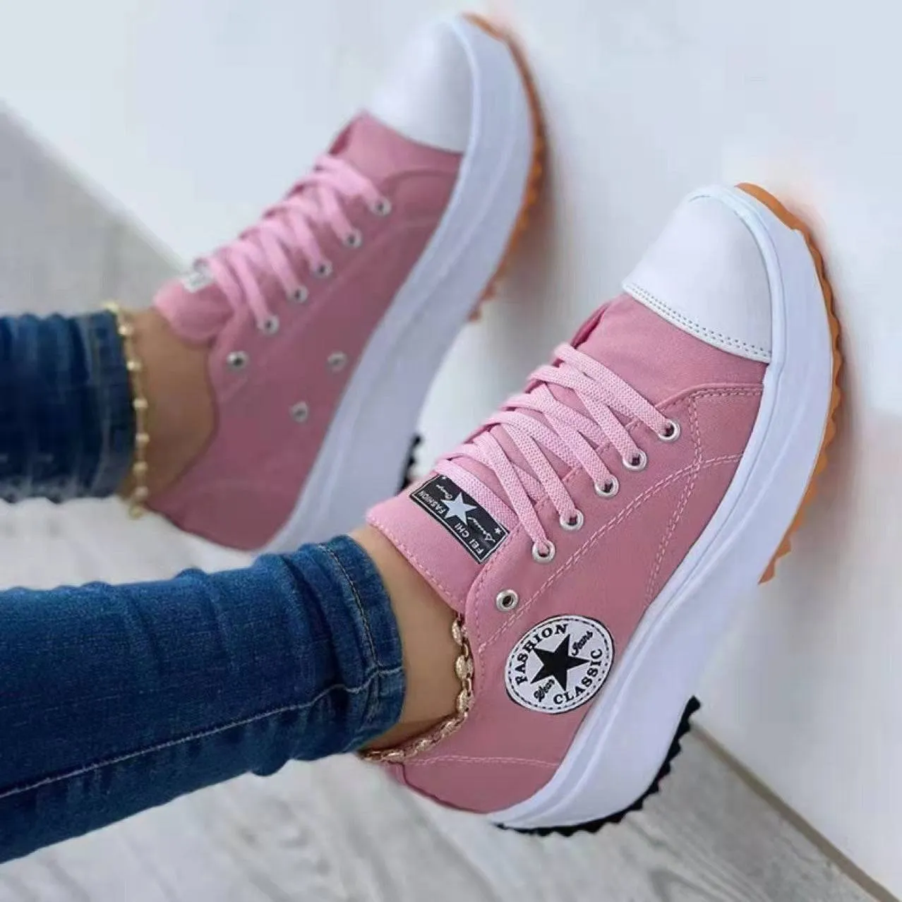 Fanyil round toe lace-up platform arch support canvas shoes