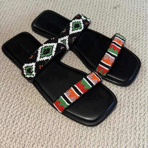 Farm Rio Beaded Square Toe Black Sandals Slides Size 9