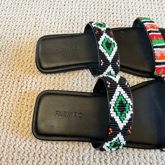 Farm Rio Beaded Square Toe Black Sandals Slides Size 9