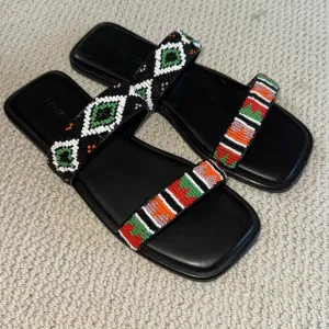 Farm Rio Beaded Square Toe Black Sandals Slides Size 9