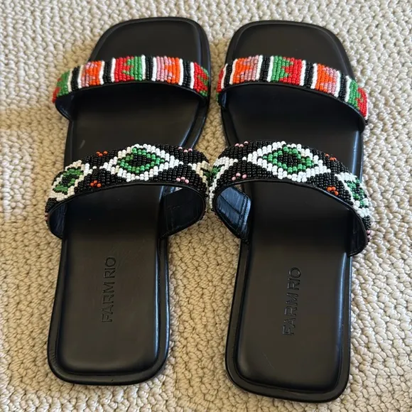 Farm Rio Beaded Square Toe Black Sandals Slides Size 9