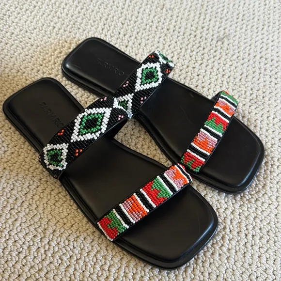 Farm Rio Beaded Square Toe Black Sandals Slides Size 9