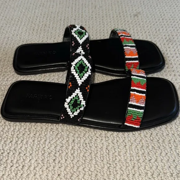 Farm Rio Beaded Square Toe Black Sandals Slides Size 9