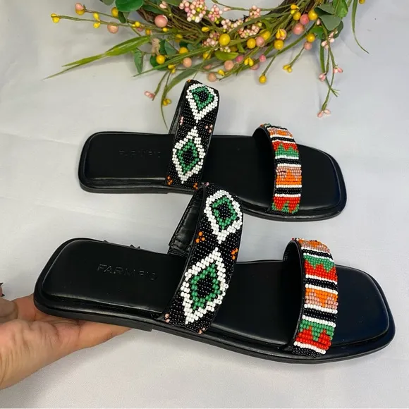 FARM RIO Black Beaded Square Toe Slide Sandals Size 6