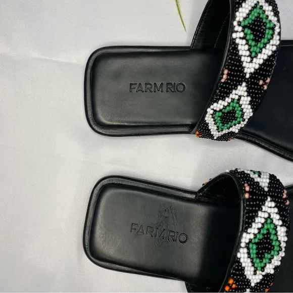 FARM RIO Black Beaded Square Toe Slide Sandals Size 6