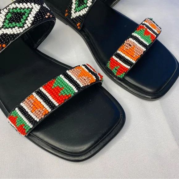 FARM RIO Black Beaded Square Toe Slide Sandals Size 6