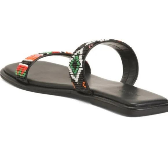 FARM RIO Black Beaded Square Toe Slide Sandals Size 6