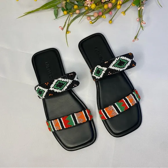 FARM RIO Black Beaded Square Toe Slide Sandals Size 6