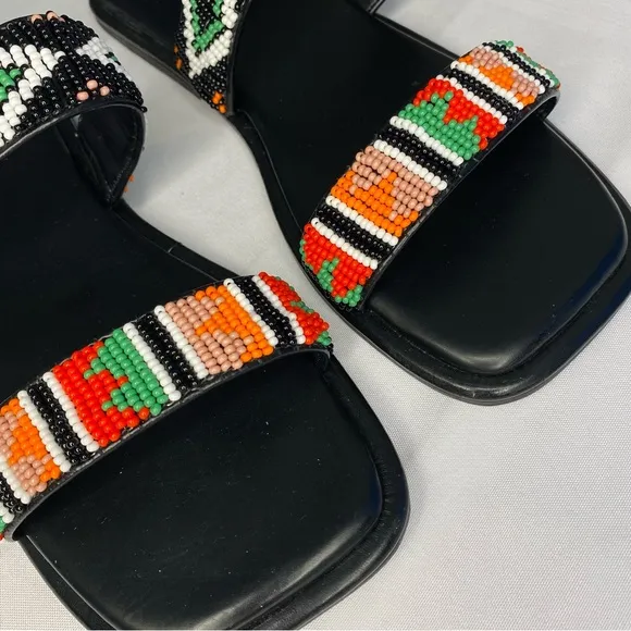 FARM RIO Black Beaded Square Toe Slide Sandals Size 6